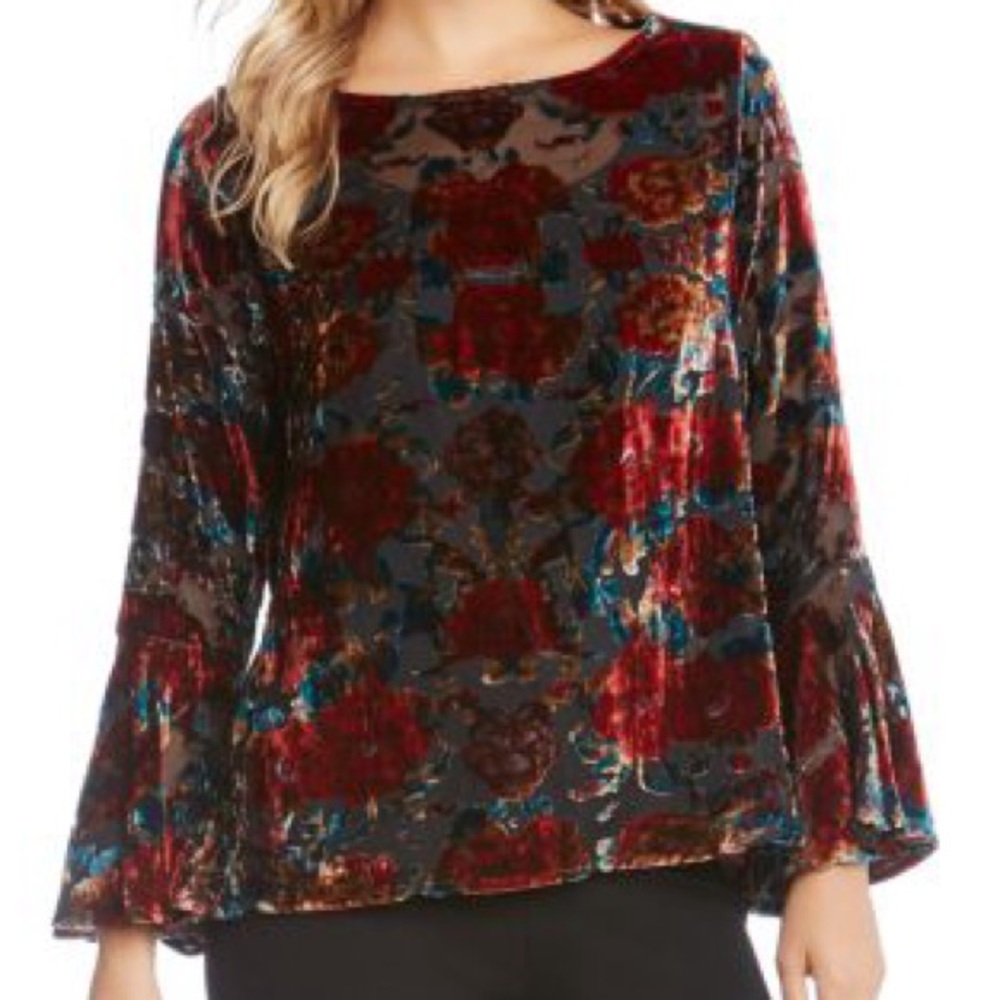 Karen Kane Red Multi Velvet Floral Bell-Sleeve Blouse